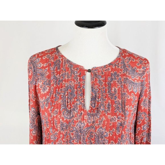 Maroon Paisley Print Peasant Blouse Flowy Pleated Casual Top Balloon Sleeves - Picture 5 of 9
